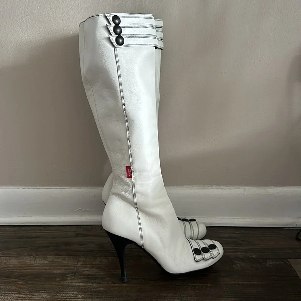 Miss Sixty White Tall Leather Boots with Black Trim